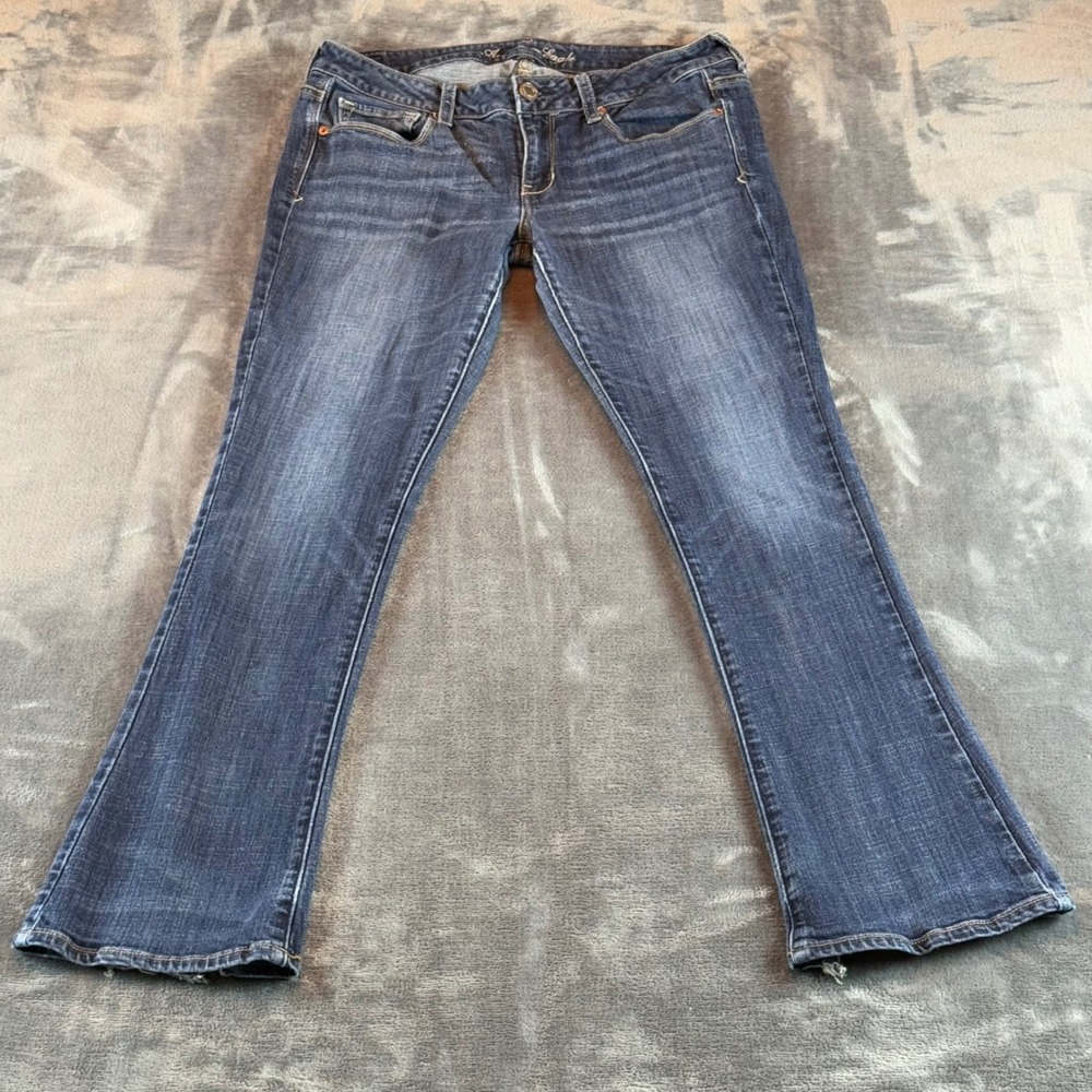 American Eagle Skinny Kick Jeans Womens 12 Stretch Low Rise Flare Distressed Hem